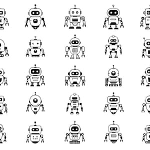 Könnte beinhalten: Eine Sammlung von fünfundzwanzig verschiedenen schwarz-weißen Roboter-Icons, angeordnet in einem fünf-mal-fünf Raster. Jeder Roboter weist eine einzigartige Kopfform, Antenne und Körpergestaltung auf, mit verschiedenen mechanischen Gliedmaßen und Sensoren.