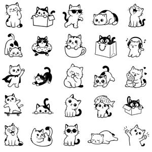 Pode incluir: Uma coleção de vinte e cinco ilustrações de arte linear em preto e branco apresentando vários gatos em diferentes poses e atividades, incluindo sentados em caixas, usando óculos de sol, ouvindo música, brincando com peixes e andando de skate.