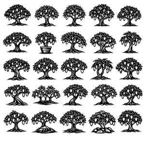 May include: A collection of black and white illustrations of mango trees in various styles. Each tree is laden with mangoes, showcasing a variety of shapes and sizes. The images are suitable for use in graphic design projects.