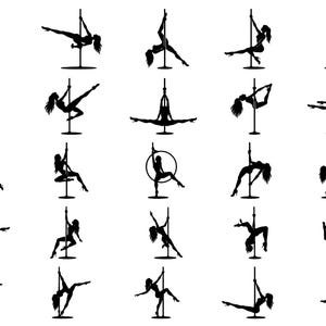 Puede incluir: Una colección de ilustraciones en silueta negra de mujeres realizando varias poses de pole dance. Cada figura se representa en posiciones dinámicas, mostrando el atletismo y el arte del pole dance. Las imágenes están sobre un fondo blanco.