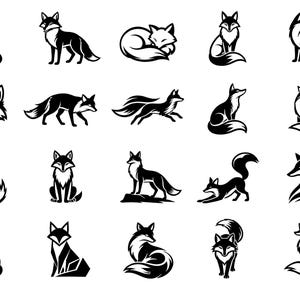May include: A collection of black and white fox illustrations in various poses. The images include foxes sitting, standing, curled up, and running. The designs are stylized and suitable for logos or graphic design.