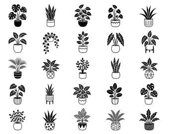 Paquete de archivos SVG de plantas de interior: 25 iconos botánicos distintos para macetas de interior, ilustración de contorno negro sólido, arte lineal minimalista y limpio, compatible con Cricut y Silhouette.