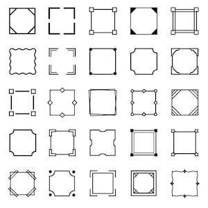 Puede incluir: Una cuadrícula de veinticinco diseños de marcos cuadrados en blanco y negro. Cada marco tiene un estilo único, incluyendo esquinas redondeadas, bordes punteados y patrones geométricos. Los marcos están dispuestos en una cuadrícula de cinco por cinco.