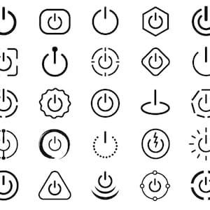 Könnte beinhalten: Eine Sammlung von fünfundzwanzig schwarz-weißen Power-Button-Symbolen, die in einem Raster angeordnet sind. Jedes Symbol zeigt eine einzigartige Variante des Standard-Einschaltsymbols, einschließlich Kreisen, Quadraten, Dreiecken und Blitzen.
