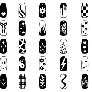 May include: A collection of twenty-five rectangular press-on nails arranged in a grid, each featuring a unique black and white graphic design including hearts, stars, flowers, flames, a butterfly, a spider web, a yin-yang, and a smiley face.