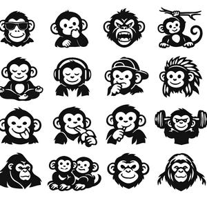May include: A selection of black and white monkey illustrations in different poses and styles. Some monkeys wear sunglasses, headphones, or hats. Others are shown with dumbbells, eating a banana, or covering their eyes.