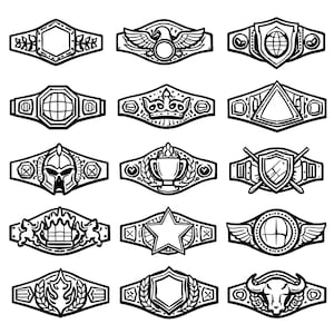 以下が含まれることがあります： 25種類の白黒チャンピオンベルトのデザイン。各ベルトには、スカル、ワシ、星、稲妻など、ユニークなエンブレムが付いています。詳細なデザインは、さまざまなスポーツやイベントに適しています。