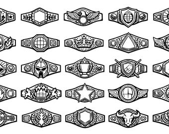 May include: A collection of twenty-five black and white championship belt designs. Each belt features unique emblems, including a skull, eagle, star, and lightning bolt. The designs are detailed and suitable for various sports or events.