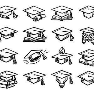Bundle med examensmössa SVG-ikoner – 24 unika mössdesigner med svarta konturer, djärva linjeteckningar, vit bakgrund, Cricut-silhuettklippfiler