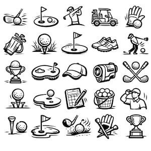 Puede incluir: Una colección de ilustraciones en blanco y negro con temática de golf. Las imágenes incluyen pelotas de golf, palos de golf, un carrito de golf, un guante de golf, un trofeo de golf, un campo de golf y una gorra de golf.