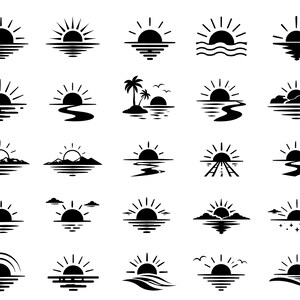 May include: A collection of twenty-five black and white vector icons featuring various sunrise and sunset designs. Each icon depicts a semi-circular sun with radiating rays above a horizon line, incorporating elements like waves, mountains, clouds, palm trees, and a sailboat.