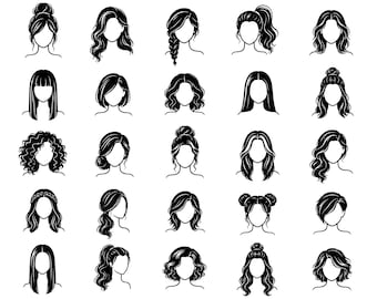 Women Hairstyle SVG Bundle – 25 Unique Female Hair Icons, Clean Outline Art, Pure Black Lines, White Background, Cricut Silhouette Cut Files