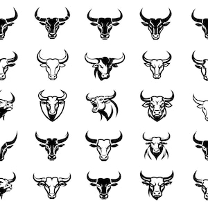 以下が含まれることがあります： 白黒の雄牛の頭のイラストのコレクション。画像は、正面図、側面図、角や顔の特徴の詳細な描写など、さまざまな様式化されたデザインを示しています。雄牛はさまざまなポーズで描かれています。