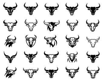 Bull Head SVG Bundle – 25 Distinct Cattle Skull Icons, Solid Black Line Art, White Background Graphics, Cricut Silhouette Cut Files