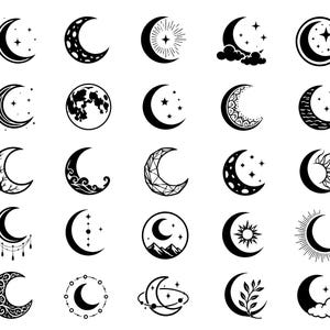 May include: A collection of black and white crescent moon designs with stars, suns, and other celestial elements. The illustrations vary in style, including detailed patterns, geometric shapes, and minimalist outlines, suitable for various design projects.