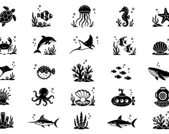 Paquete de iconos SVG de escenas submarinas: 25 ilustraciones únicas de vida marina, imágenes prediseñadas con contorno negro intenso, arte lineal oscuro puro, Cricut Silhouette