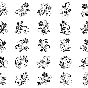 Floral Scroll SVG Icons Bundle – 25 Unique Botanical Swirl Designs, Black Outline Line Art, White Background, Cricut Silhouette Cut Files