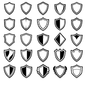 Paquete de iconos SVG de escudos: 25 formas únicas de armadura con contorno negro, arte lineal en negrita, fondo blanco, archivos de corte para Cricut y Silhouette.