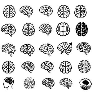 May include: A collection of twenty-five black and white icons depicting various brain designs. The set includes anatomical brain shapes, brains integrated with gears, circuit boards, puzzle pieces, geometric patterns, books, and network nodes.