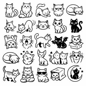 May include: A collection of black and white cat illustrations in various poses. The cats are depicted in different styles, including sitting, sleeping, and playing. Some cats have hearts, sunglasses, or are in boxes.