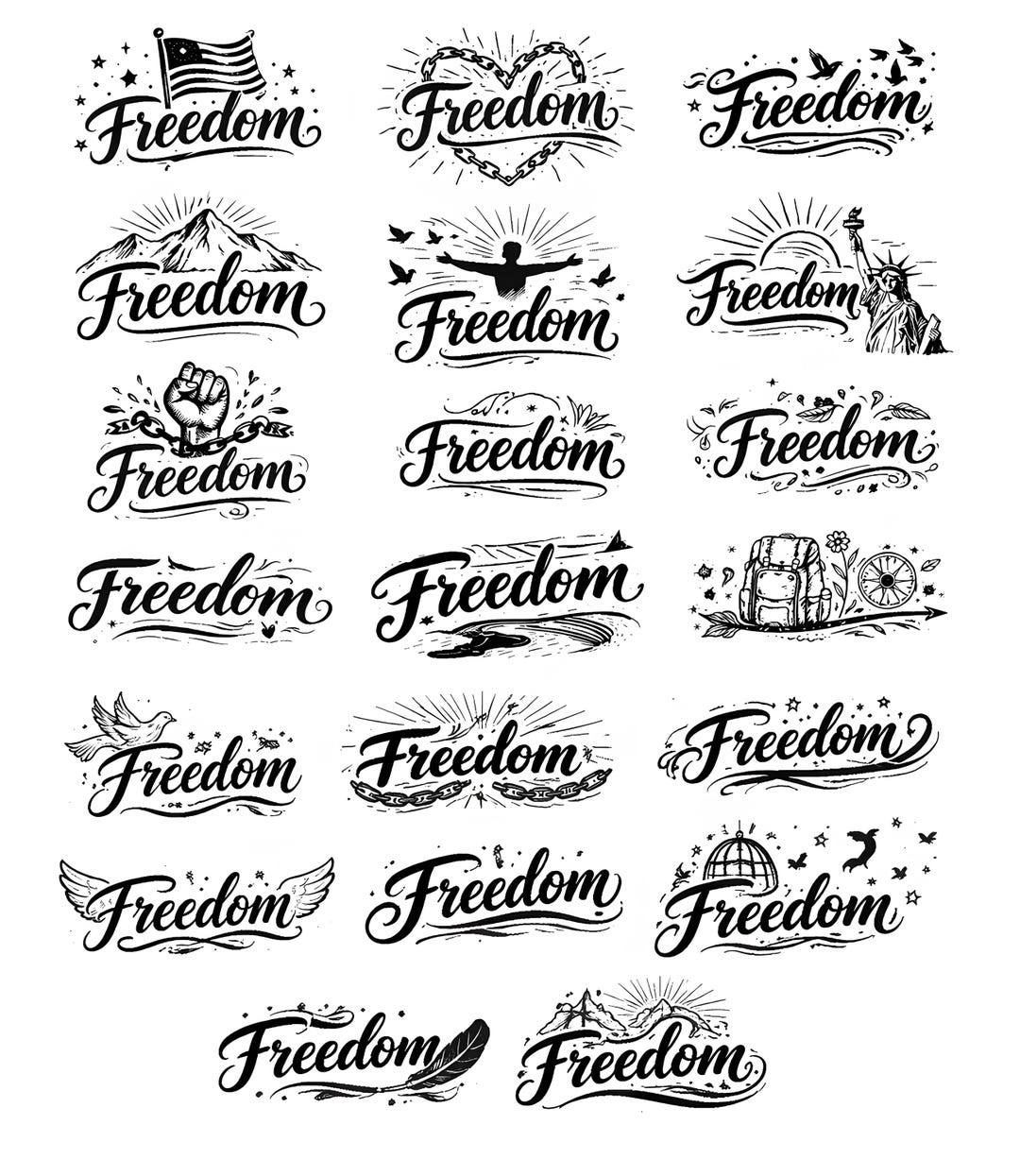 Freedom Script Font Svg Freedom SVG Set - 20 Unique Freedom Word Art | Black Outline Vector ...