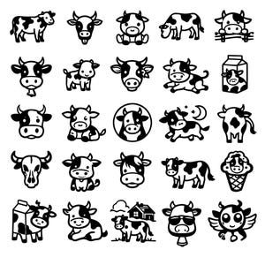 May include: A selection of black and white cow illustrations in diverse poses and styles. The images include cows standing, sitting, and with varied facial expressions. Some illustrations feature additional elements like a milk carton, a house, and sunglasses.