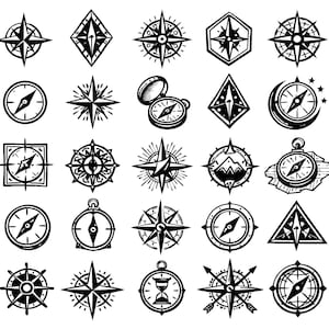 Puede incluir: Colección de diseños de brújulas en blanco y negro en varias formas, incluyendo estrellas, círculos y diamantes. Algunas brújulas tienen detalles intrincados, mientras que otras son más minimalistas. Adecuado para proyectos de temática náutica o de viajes.