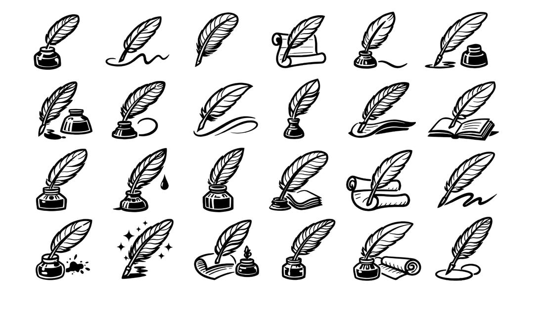 Feather Pen SVG Icons Bundle – 24 Unique Black Outline Quill, Bold Line ...