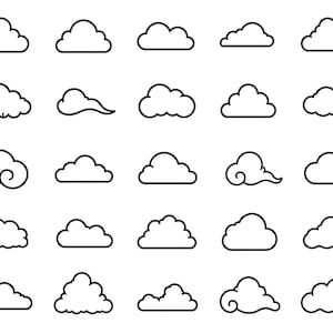May include: A collection of twenty-five distinct black and white line art icons depicting various cloud shapes. Each icon features a simple, bold outline of a cloud, including rounded, fluffy, and stylised swirling designs arranged in a grid.