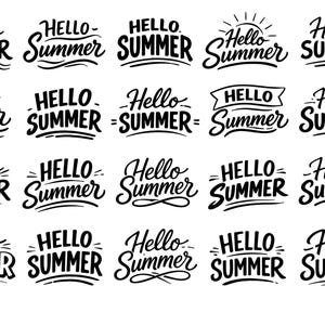 Pode incluir: Uma coleção de designs em preto e branco "Hello Summer". A escrita manual é apresentada em vários estilos, com elementos decorativos como ondas, raios de sol e sublinhados, para produtos de verão.