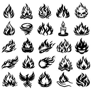 Paquete de SVG de llamas de fuego: 25 iconos de llamas únicos, arte de contorno llamativo, fondo limpio, archivos de corte para Cricut y Silhouette, paquete de imágenes prediseñadas vectoriales.