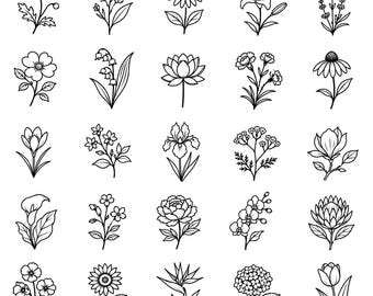Botanical Line Art Flower SVG Bundle – 25 Unique Floral Outline Icons, Minimal Bloom Designs, White Background, Cricut Silhouette