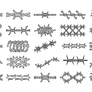 May include: A collection of twenty-five black and white line art illustrations depicting various styles of barbed wire, including straight segments, coiled loops, knotted designs, and interconnected fencing patterns, all rendered in a simple graphic style.