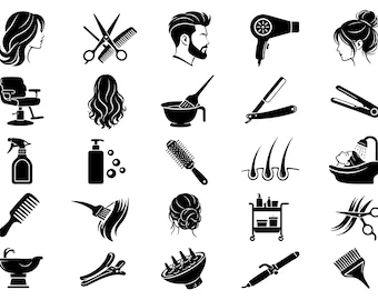 Hair Salon SVG Icons Bundle – 25 Unique Black Outline Beauty Symbols, Bold Line Art, White Background, Barber Styling, Cricut Silhouette