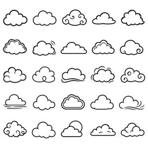 Peut inclure: Une collection de vingt-cinq illustrations distinctes en noir et blanc représentant des nuages. Chaque icône présente une forme gonflée unique, avec certains motifs intégrant des volutes, des bases plates ou des bords arrondis, en grille.