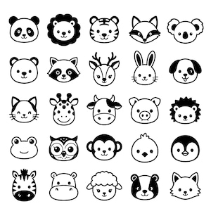 Niedliche Tiergesichter SVG-Bundle – 25 bezaubernde Wildtier-Icons mit schwarzer Kontur, kräftige Linienzeichnungen, weißer Hintergrund, Cricut- und Silhouette-Schnittdateien
