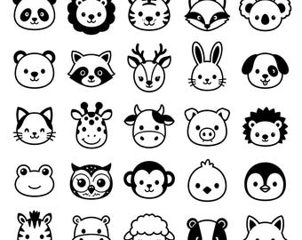 Cute Animal Faces SVG Bundle – 25 Adorable Black Outline Wildlife Icons, Bold Line Art, White Background, Cricut Silhouette Cut Files