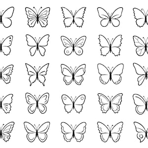 以下が含まれることがあります： 5x5のグリッドに配置された、25種類の白黒の蝶の線画イラストのコレクション。それぞれの蝶は独自の羽の形、模様、輪郭を持っており、多様な対称的なデザインが描かれています。