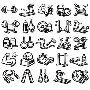 Può includere: Una collezione di illustrazioni in bianco e nero di vari attrezzi da palestra e fitness. Include manubri, tapis roulant, cyclette, panche, kettlebell, corde per saltare e altri accessori per l'allenamento.