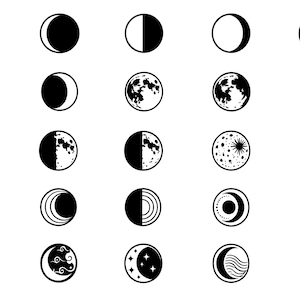 May include: A collection of twenty-five circular icons arranged in a five-by-five grid, featuring black and white graphic illustrations of moon phases, celestial bodies, sun symbols, and various patterns including stars, waves, and clouds.