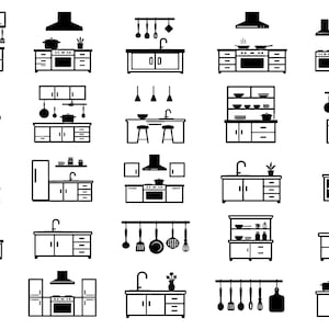 May include: A collection of black and white vector icons depicting various kitchen layouts, cabinetry, stoves, sinks, range hoods, and hanging cooking utensils arranged in a grid format on a plain white background for interior design planning.