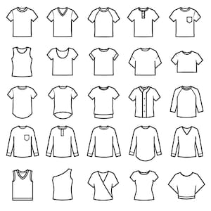 May include: A collection of twenty-five black and white line art icons representing various styles of shirts, including short-sleeved, long-sleeved, tank tops, V-necks, henleys, and pocket tees, arranged in a five-by-five grid format on a white background.