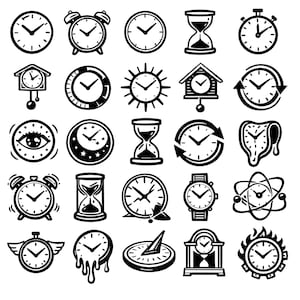 Puede incluir: Una colección de ilustraciones de relojes en blanco y negro. La imagen incluye varios diseños de relojes, como despertadores, relojes de arena, relojes de cuco y relojes de pulsera. Los relojes tienen diferentes estilos, incluyendo representaciones analógicas y digitales.