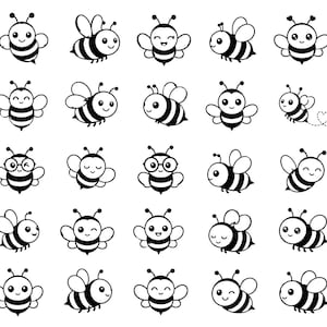 Puede incluir: Una colección de veinticinco ilustraciones de líneas en blanco y negro de abejas dispuestas en una cuadrícula. Cada abeja presenta una expresión facial única, incluyendo sonrisas, guiños y gafas, con cuerpos rayados y alas pequeñas.