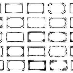 May include: A collection of twenty-five rectangular frames in various styles. The frames are outlined in black, with designs including floral corners, tape, and decorative edges. The frames are suitable for digital art or scrapbooking.