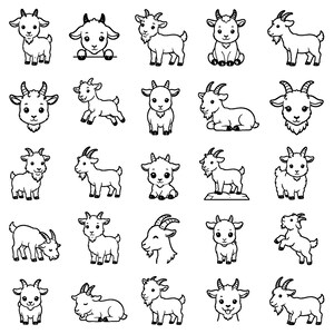 Cute Goat SVG Bundle – 25 Adorable Farm Animal Outline Icons, Bold Line Art, White Background, Cricut Silhouette Cut Files, Dxf, Eps, Png
