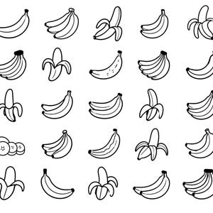 Puede incluir: Una colección de veinticinco ilustraciones de arte lineal en blanco y negro que muestran varios arreglos de plátanos, incluyendo plátanos individuales, racimos, plátanos pelados y una fila de tres rodajas de plátano sobre fondo blanco.