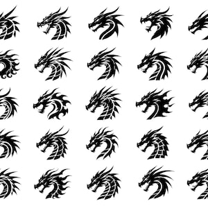 May include: A collection of twenty-five distinct black and white graphic illustrations of dragon heads arranged in a five-by-five grid. Each icon features a unique profile view of a mythical creature with sharp horns, scales, and open jaws.