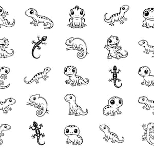 Può includere: Una collezione di venticinque illustrazioni in bianco e nero a tratto che mostrano varie lucertole e gechi in diverse pose. Il set include rettili maculati, crestati e con collare raffigurati con grandi occhi e tratti da cartone animato.