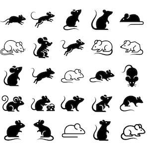 Op de afbeelding: Een verzameling van vijfentwintig zwart-wit iconen met diverse silhouetten en lijntekeningen van muizen in verschillende houdingen, waaronder zittend, rennend en etend, gerangschikt in een raster van vijf bij vijf op een witte achtergrond.